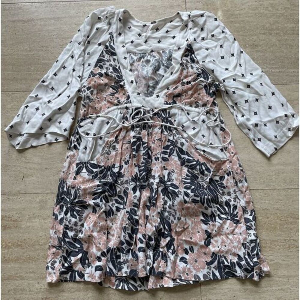 Free People Tallulah White Print Floral Mini Dress Womens Size XS Wide Sleeves